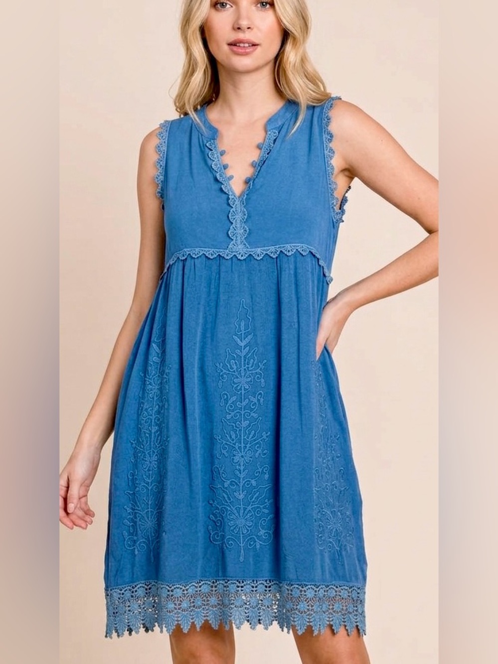 Young Threads Blue Embroidered Sleeveless Tunic Dress